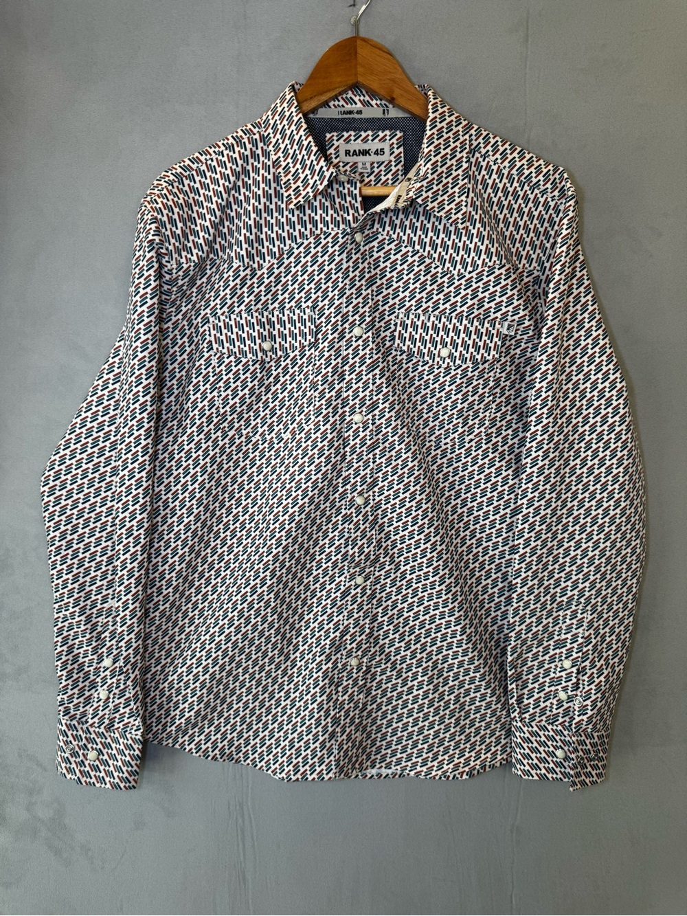 Rank 45 Men’s Western Shirt M Geometric Pearl Snap Long Sleeve Retro Cowboy